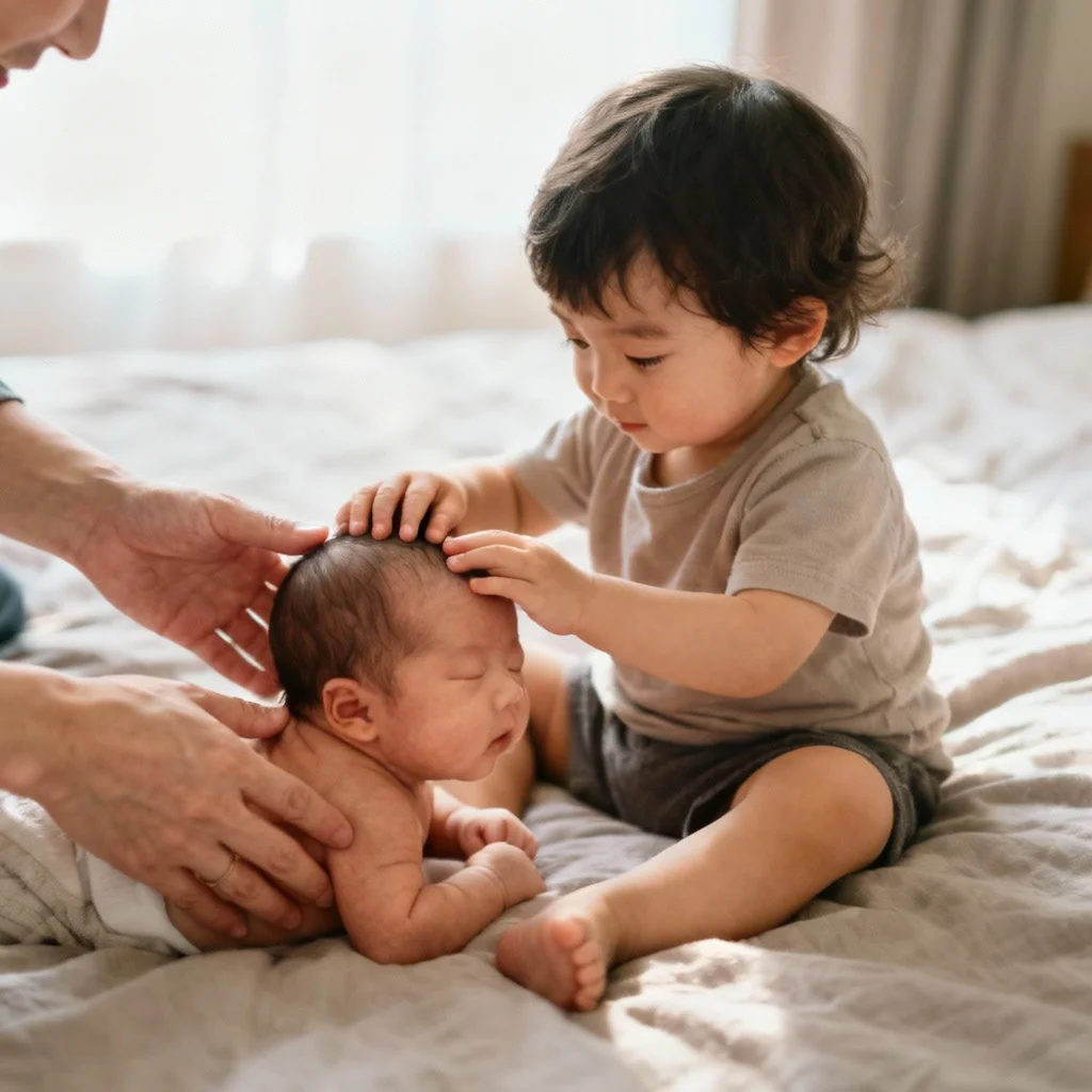 Big sibling meeting newborn baby for first time with gentle supervised interaction