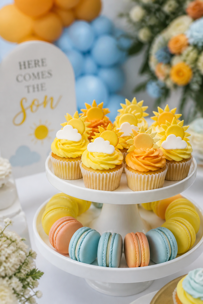 Sun and Cloud Cupcakes with Macarons