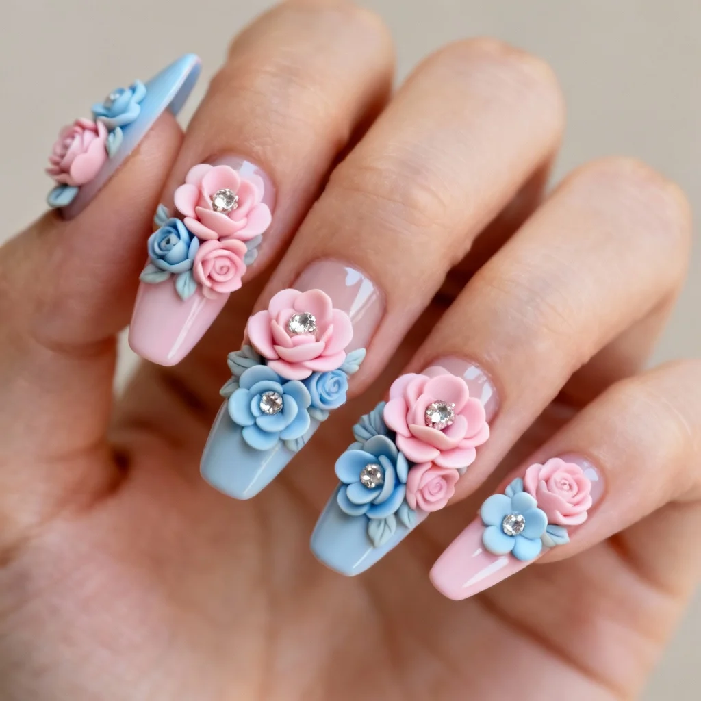 3D floral gender reveal nails with sculpted pink and blue flowers