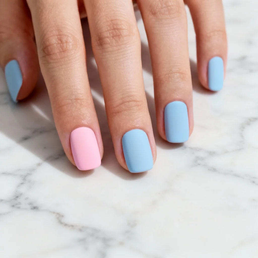 Alternating solid pink and blue gender reveal nails with matte finish