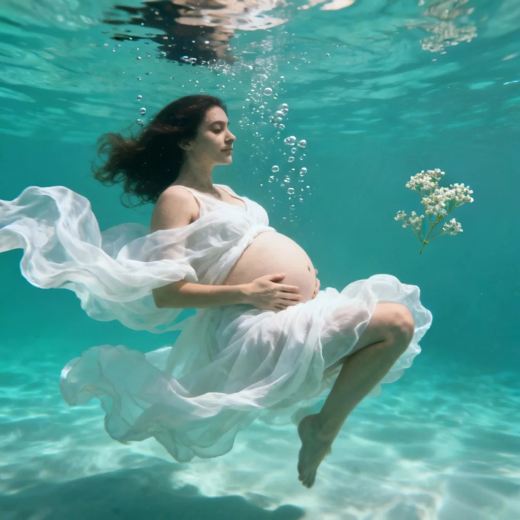 Artistic underwater maternity photo with flowing fabric and baby bump