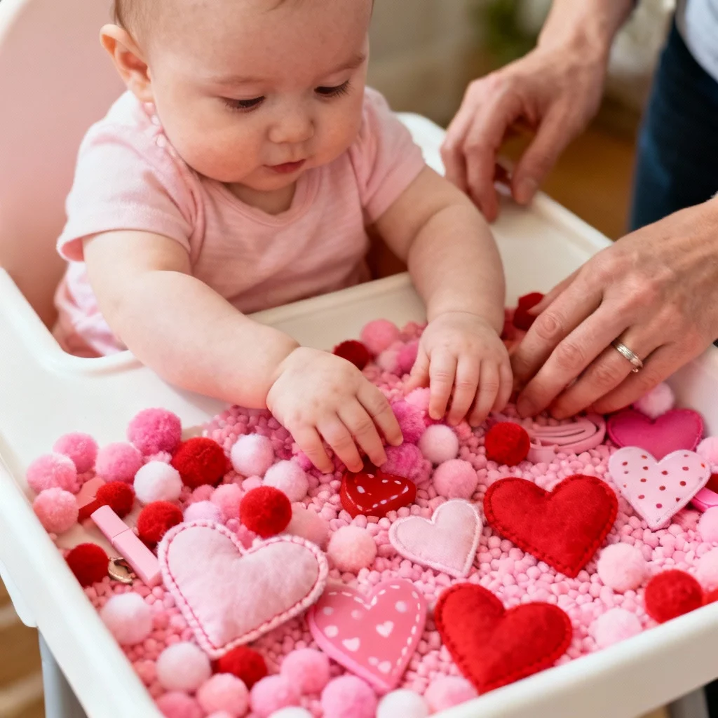 Baby exploring Valentine's Day sensory bin with hearts and pom-poms