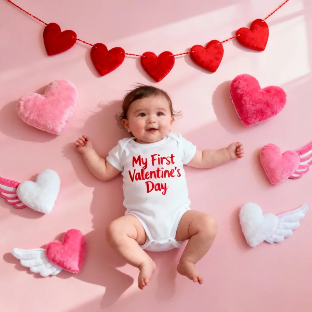 Baby's first Valentine's Day photoshoot setup with heart garland and props