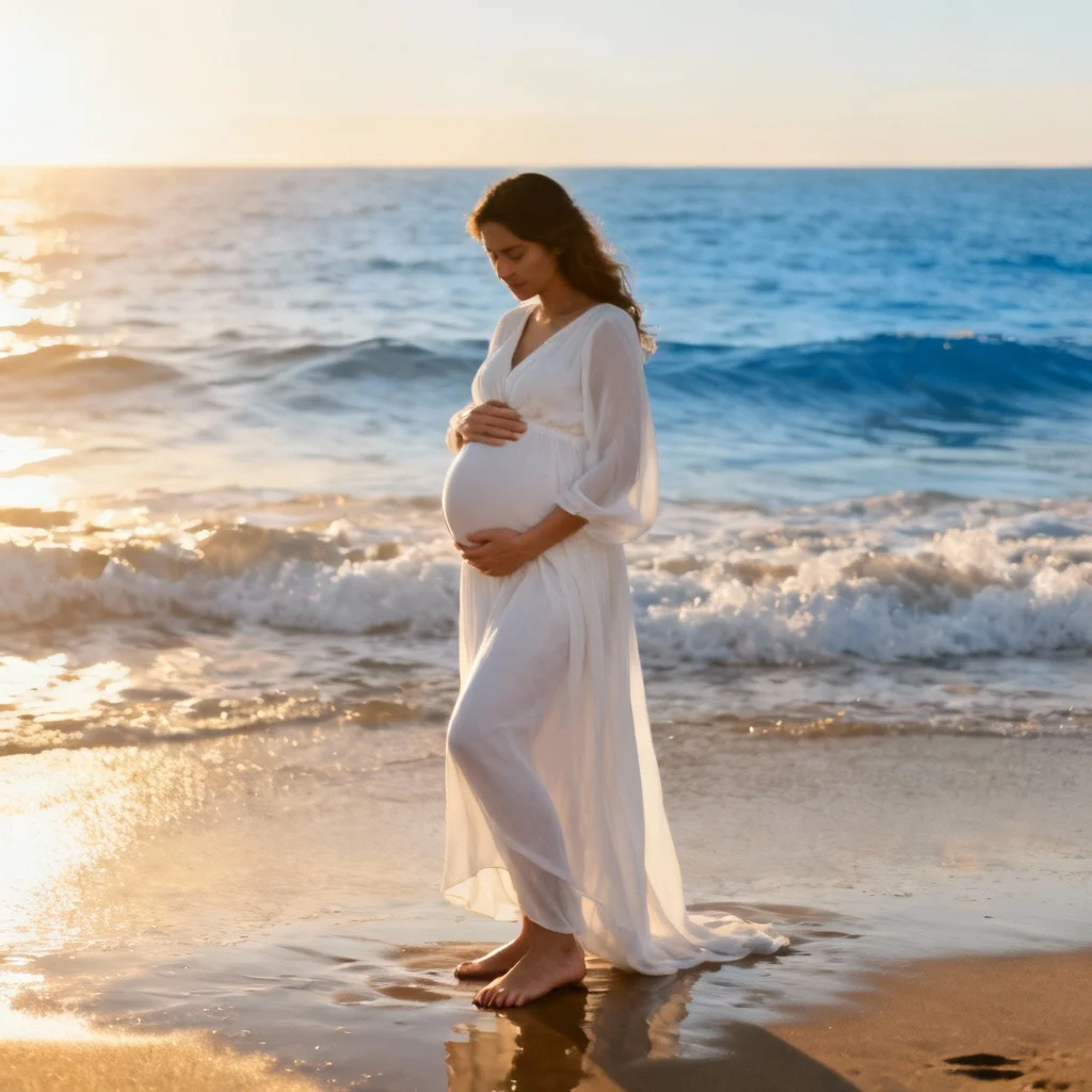 Beach maternity photo with pregnant woman in white dress by ocean