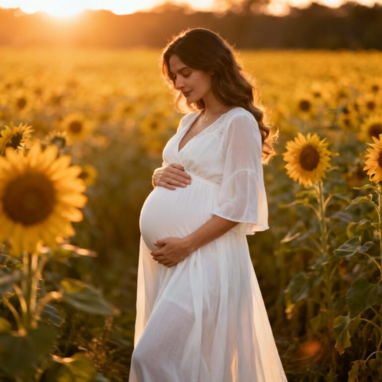 Beautiful pregnant woman in white dress during golden hour maternity photoshoot in sunflower field