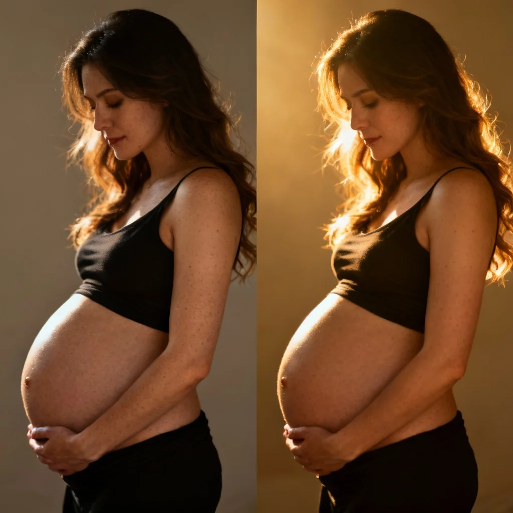 Before and after maternity photo editing comparison showing enhancement