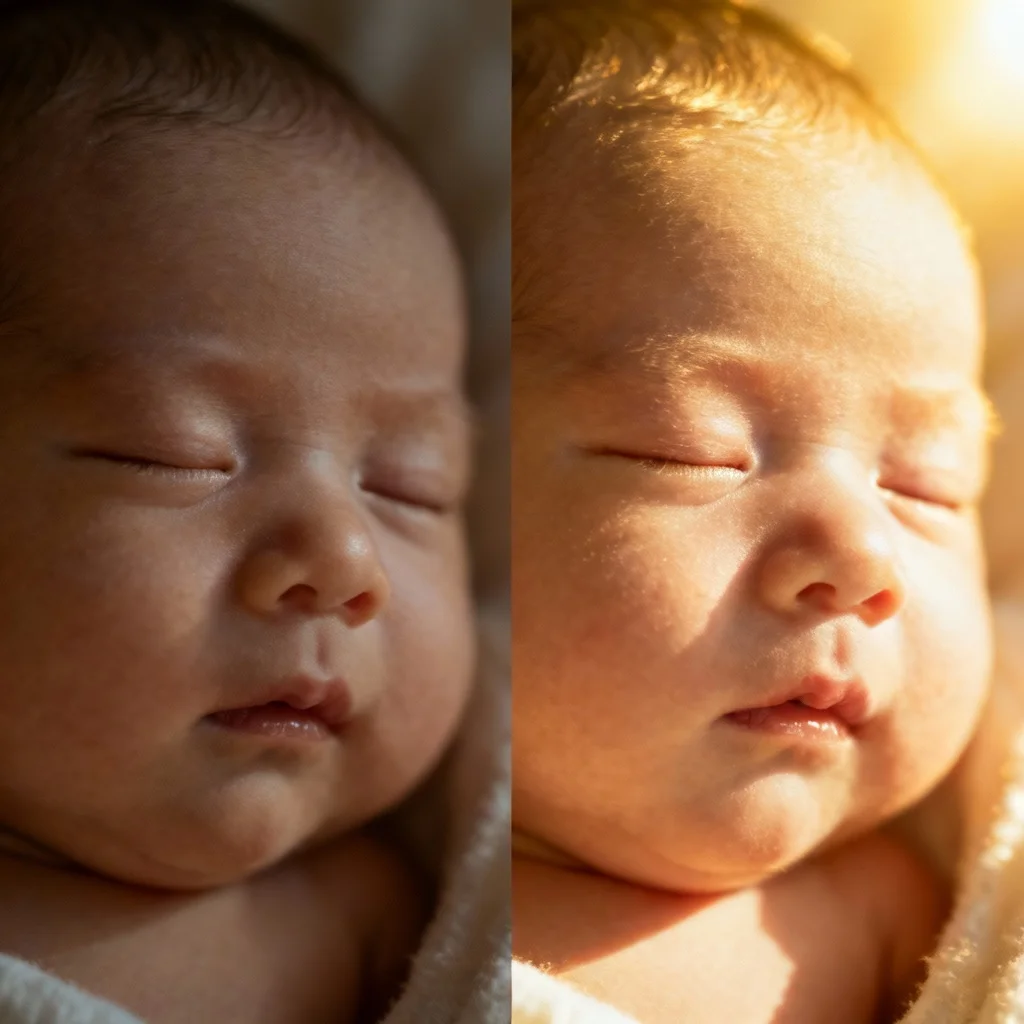 Before and after newborn photo editing showing natural subtle improvements