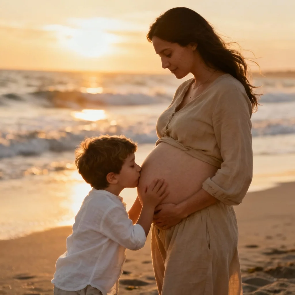 Big brother kissing pregnant mom's belly during family maternity photoshoot