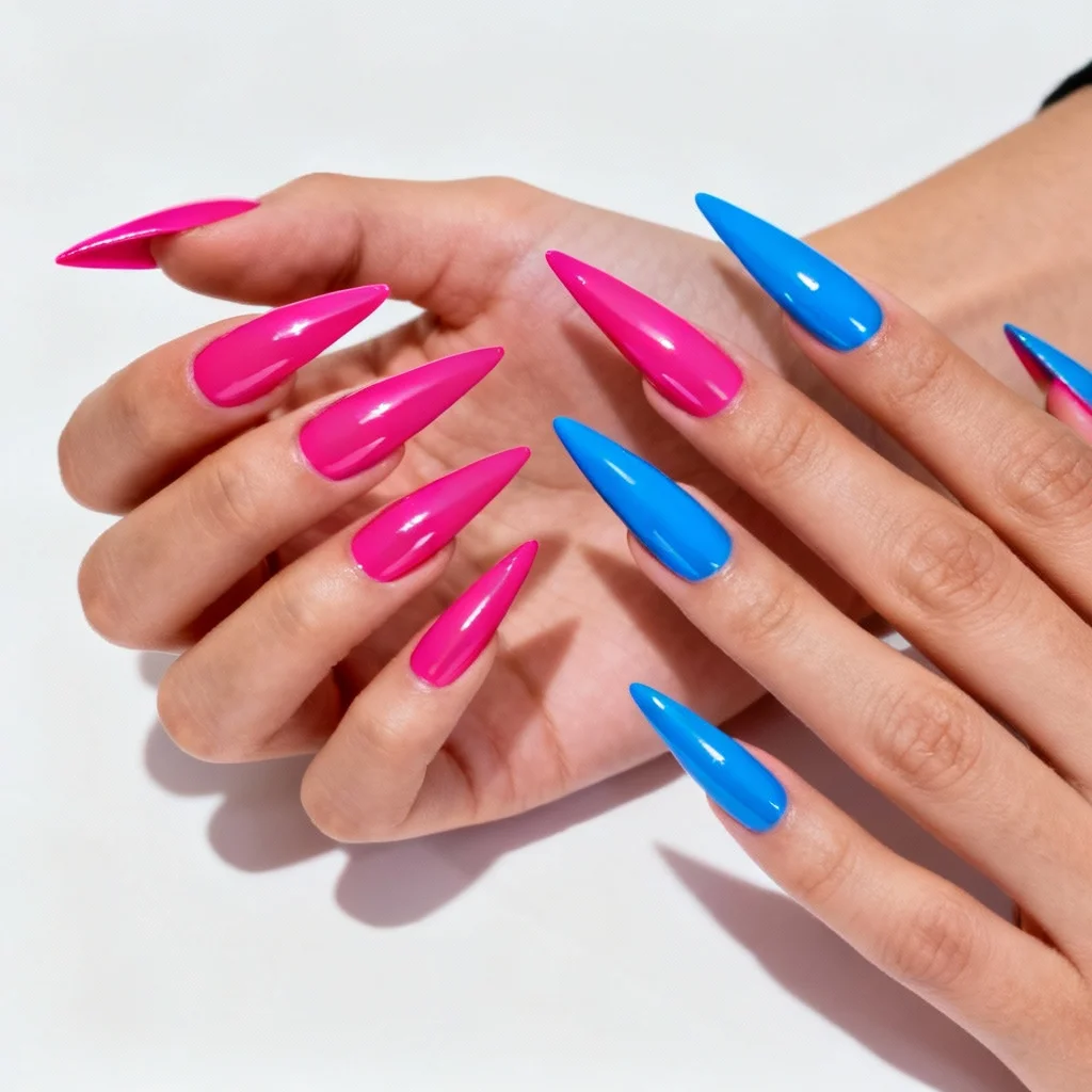 Bold stiletto gender reveal nails in vibrant hot pink and bright blue