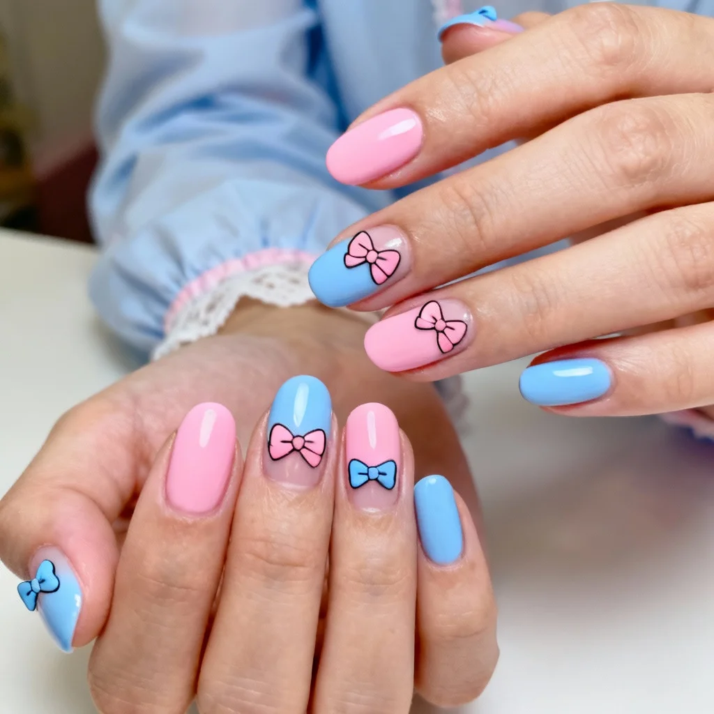 Bows or bowties themed gender reveal nails with pink bows and blue ties