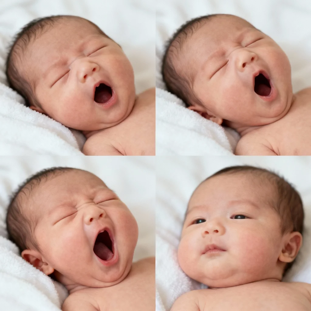 Burst mode photo sequence capturing newborn yawning in multiple frames