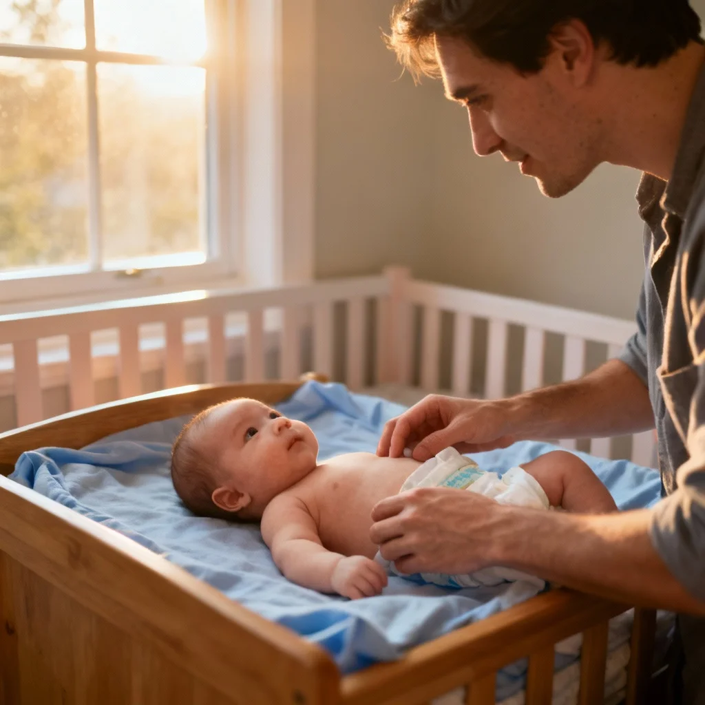 Candid lifestyle newborn photo during morning diaper change at home