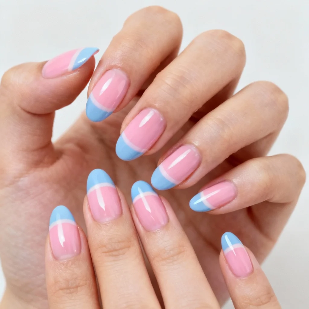 Classic pink and blue French tip gender reveal manicure on almond-shaped nails