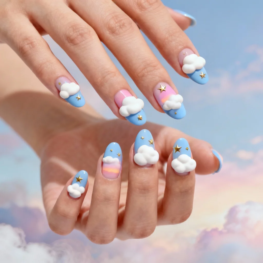Cloud and sky themed gender reveal nails with blue base and white clouds