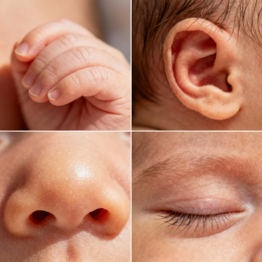 Collage of newborn detail photos including fingers, ears, nose, and eyes