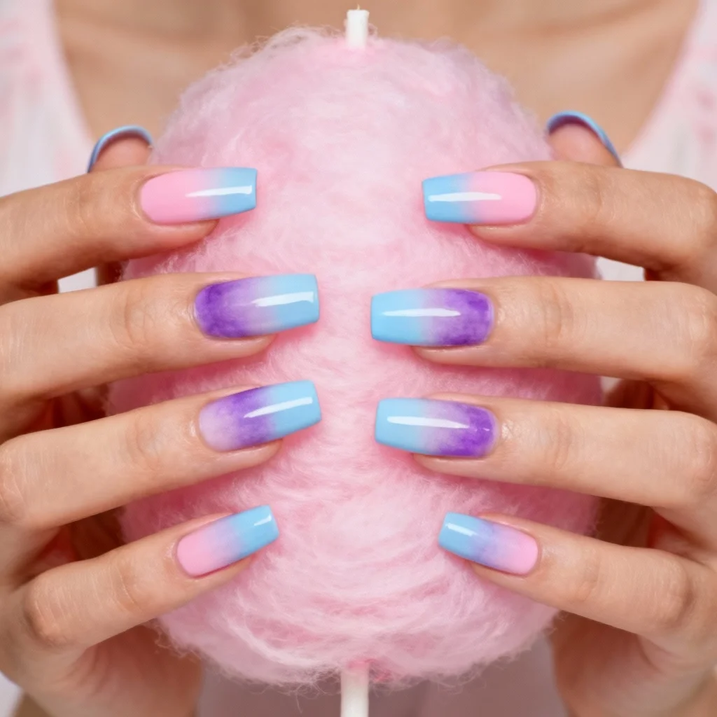 Cotton candy ombre gender reveal nails blending pink and blue