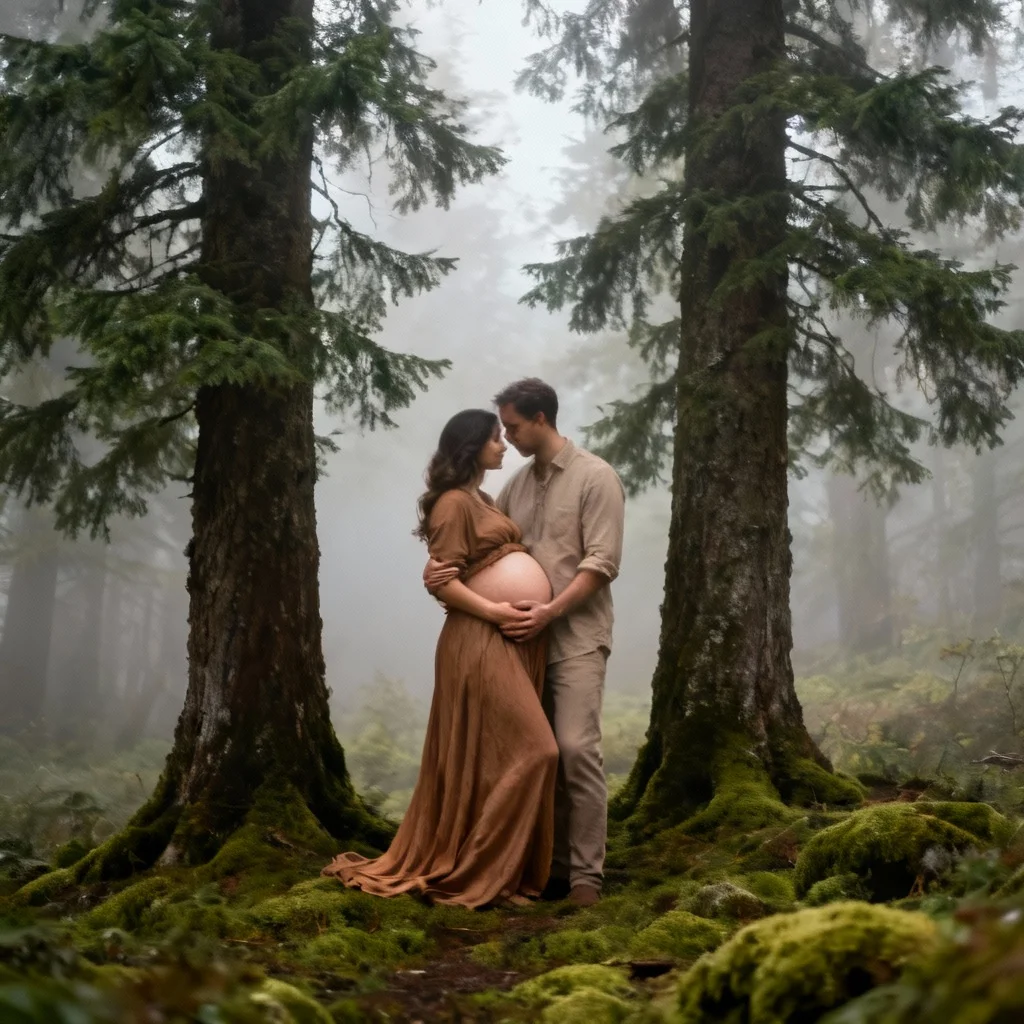 Couple maternity photo in evergreen forest with trees and misty atmosphere