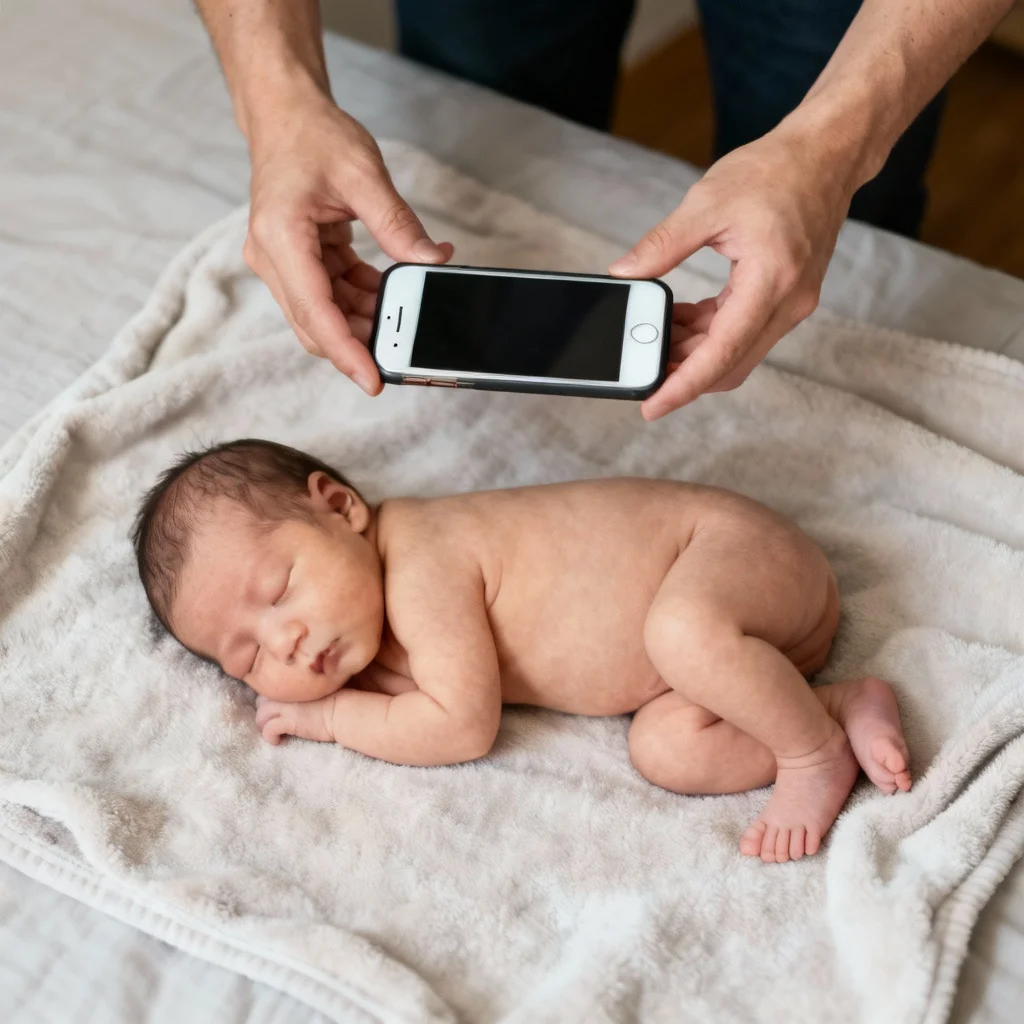 Demonstration of shooting from above angle for flattering newborn photos