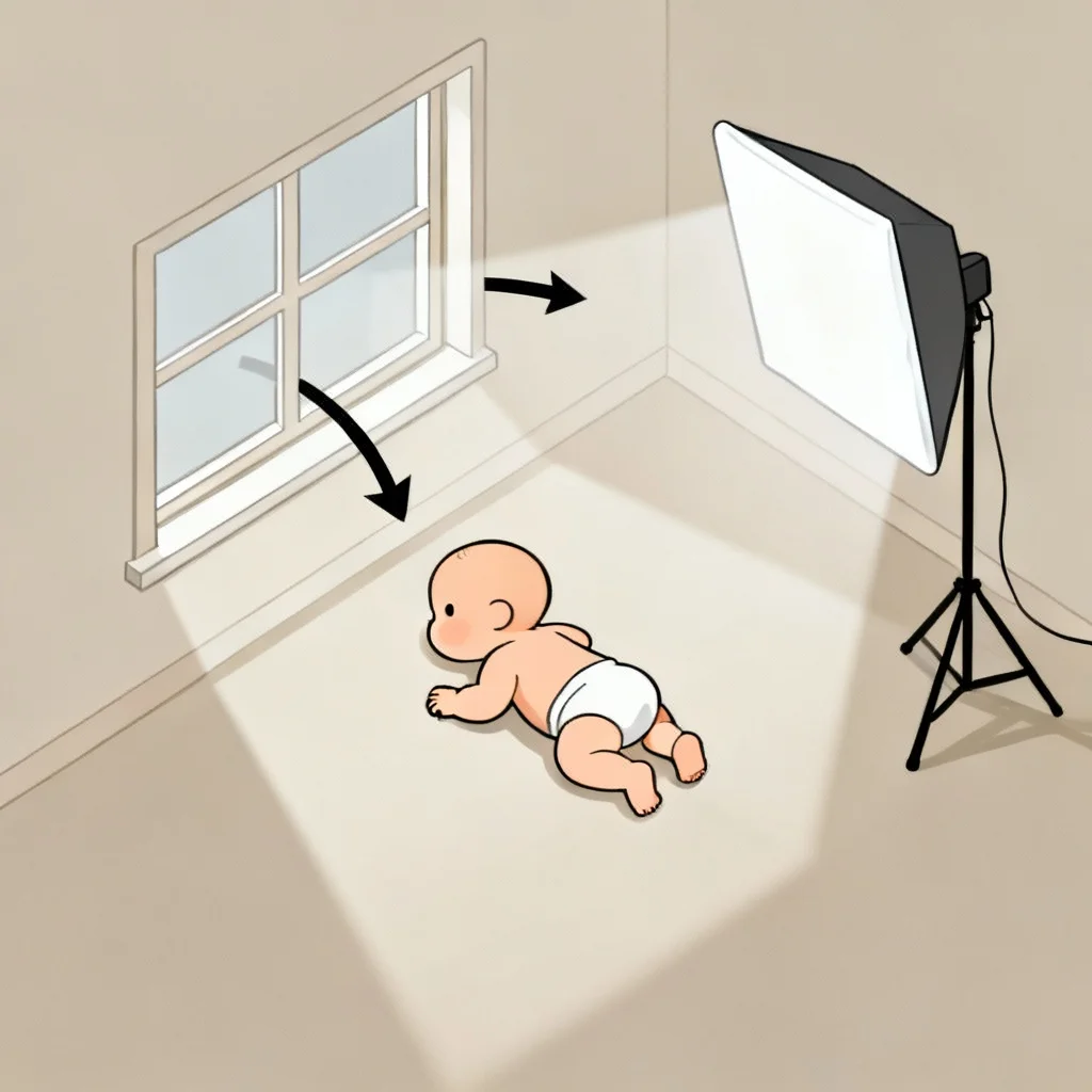 Diagram showing optimal baby positioning near window for newborn photography lighting