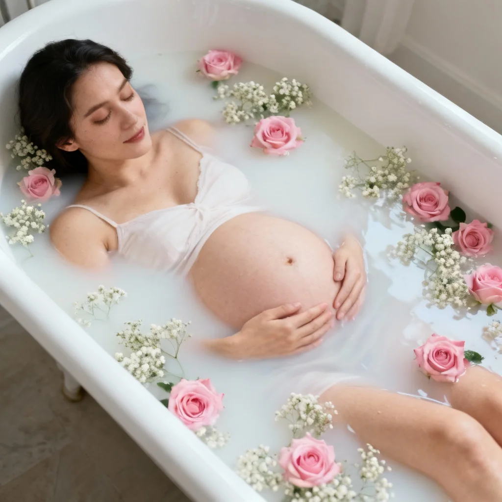 Dreamy milk bath maternity photo with floating flowers and visible baby bump