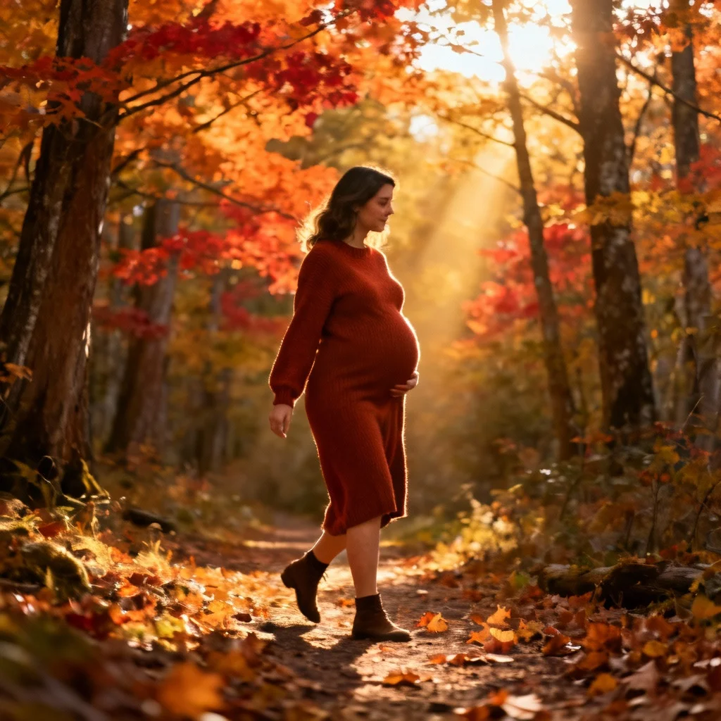 Fall maternity photo with pregnant woman in autumn forest with colorful leaves