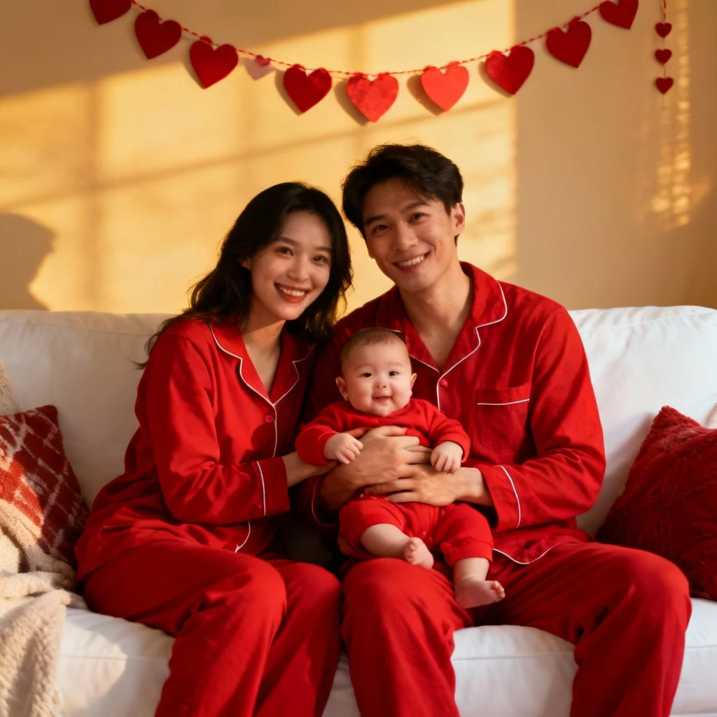 Family wearing matching Valentine's Day pajamas with baby for first holiday