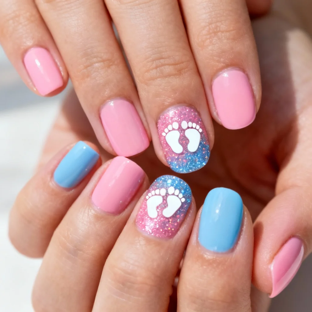 Gender reveal nails with cute baby footprint designs on glitter accent nails