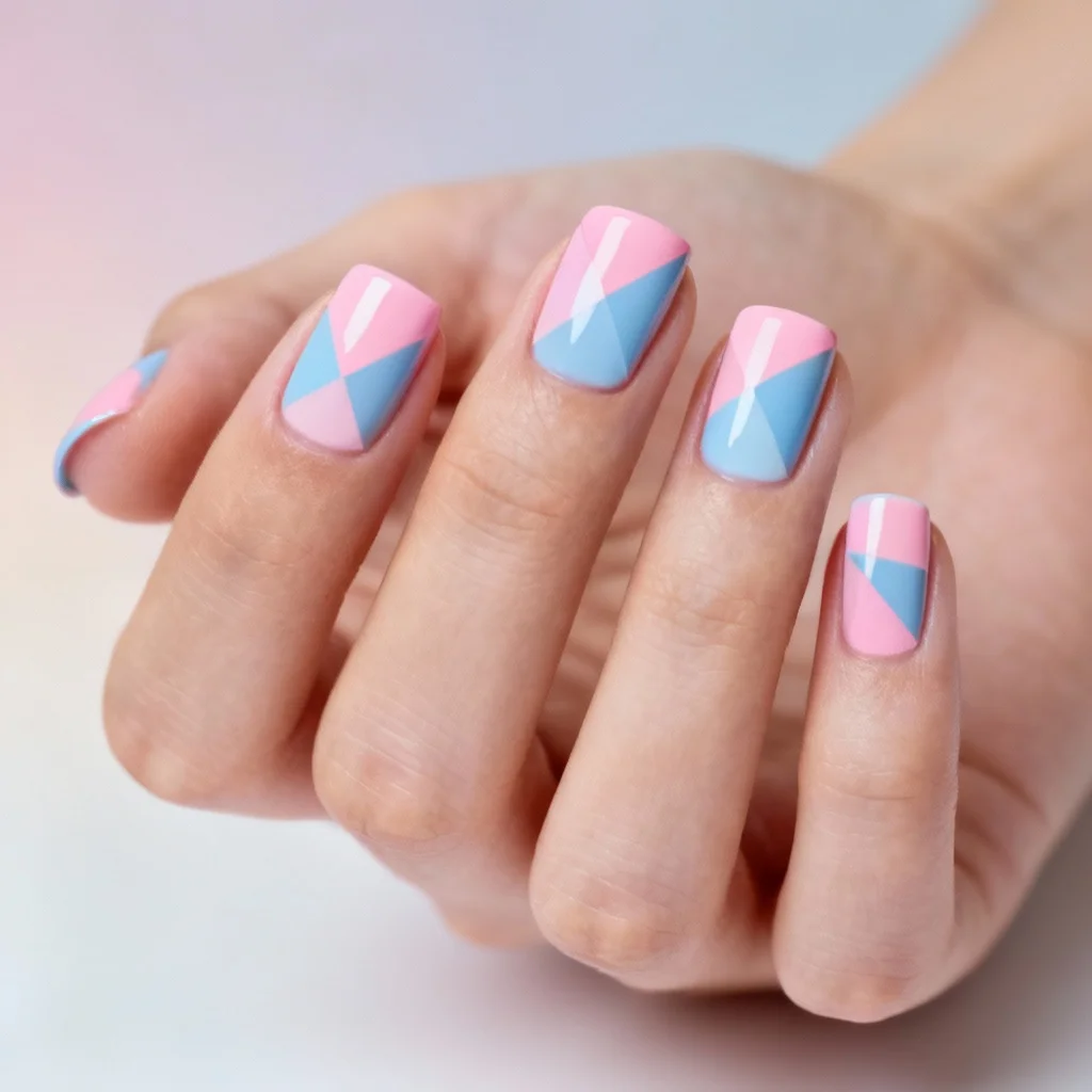 Geometric pattern gender reveal nails with pink and blue color blocking