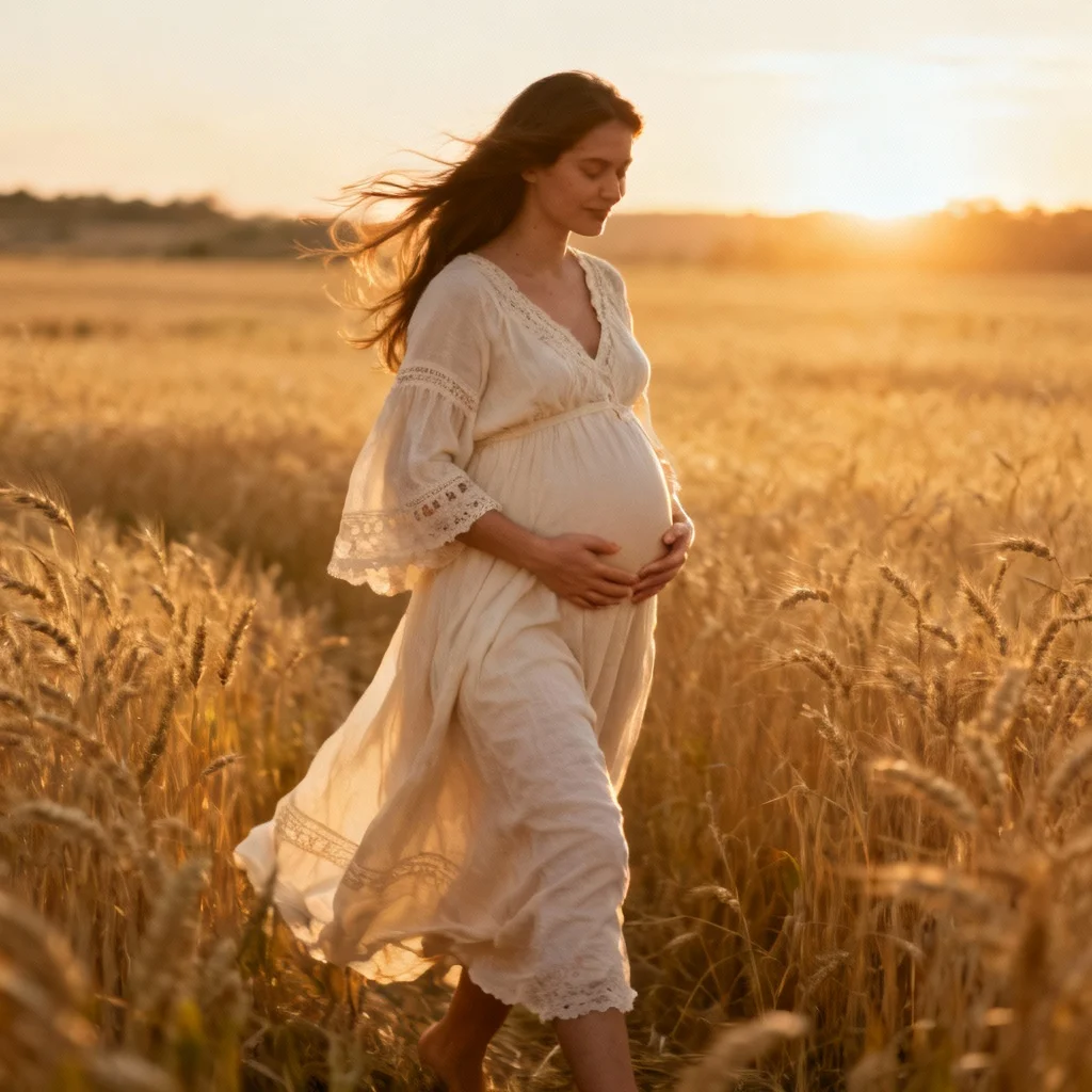 Golden hour maternity photoshoot in wheat field with pregnant woman in flowing dress