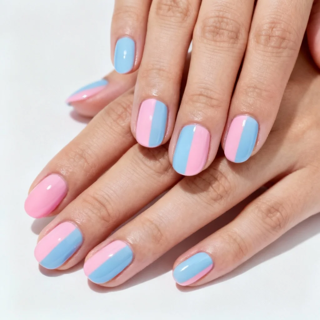 Half-and-half split nail design with pink and blue vertical division