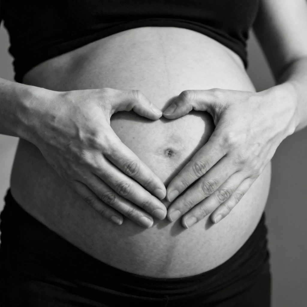 Hands forming heart on pregnant belly in black and white maternity photo