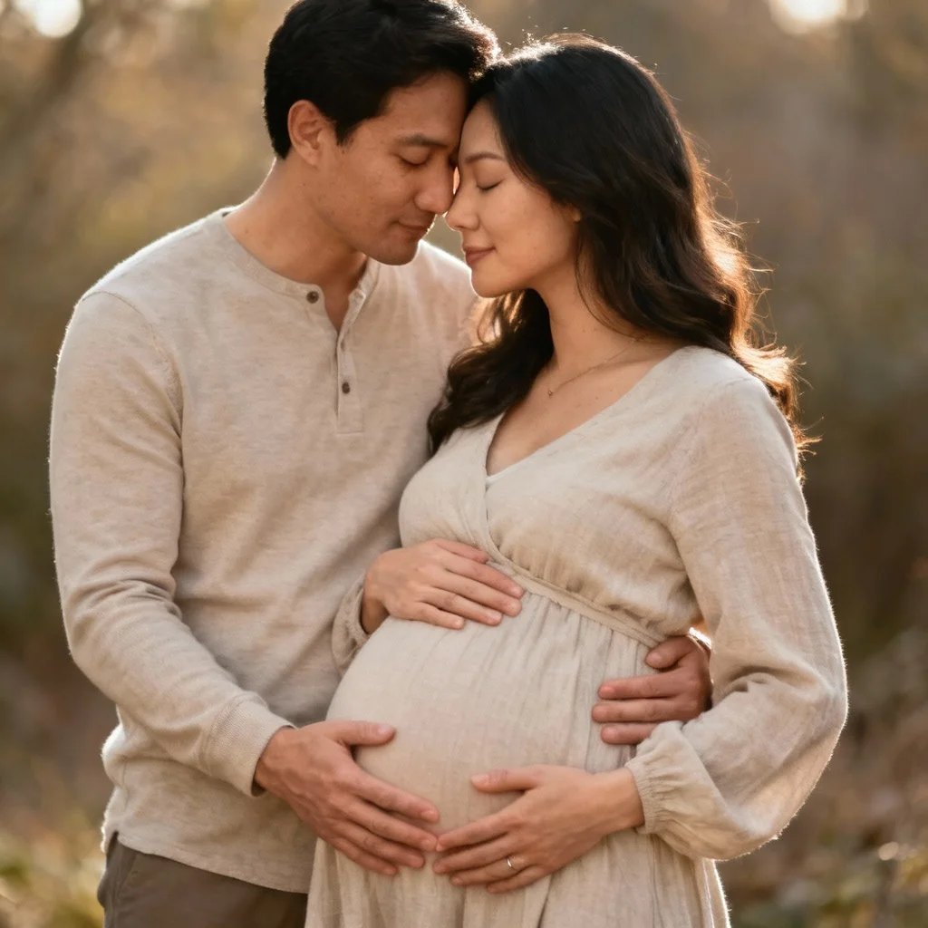 Intimate couple maternity photo with partner's hands on pregnant belly