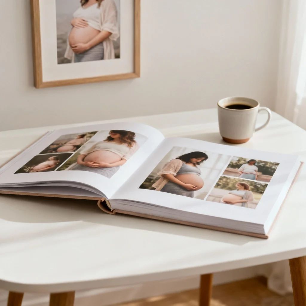 Maternity photo album and framed prints showing preservation ideas