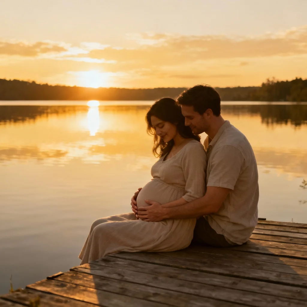 Maternity photo of couple on lake dock at sunset with hands on baby bump