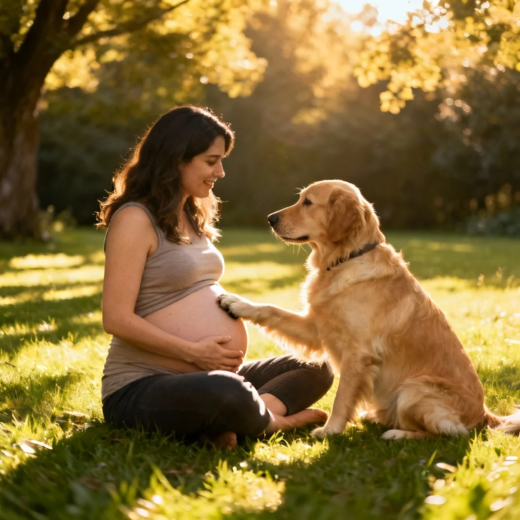 Maternity photo with dog's paw on pregnant belly showing pet and baby connection
