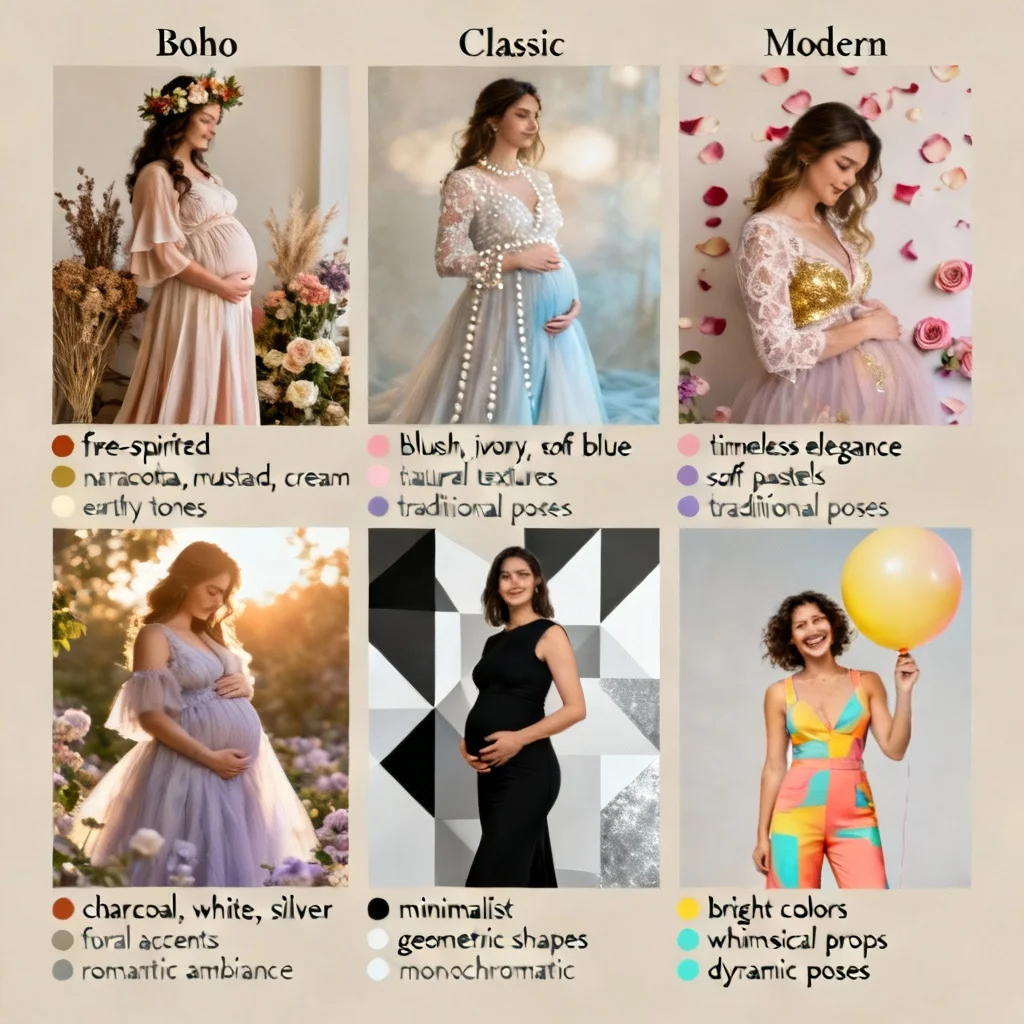 Maternity photography style guide mood board showing different aesthetic options
