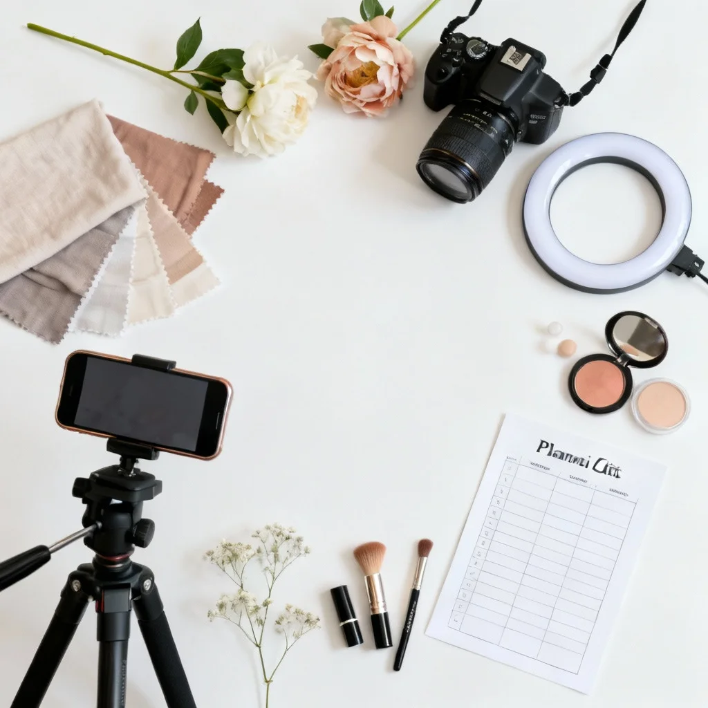 Maternity photoshoot planning essentials and photography equipment flat lay