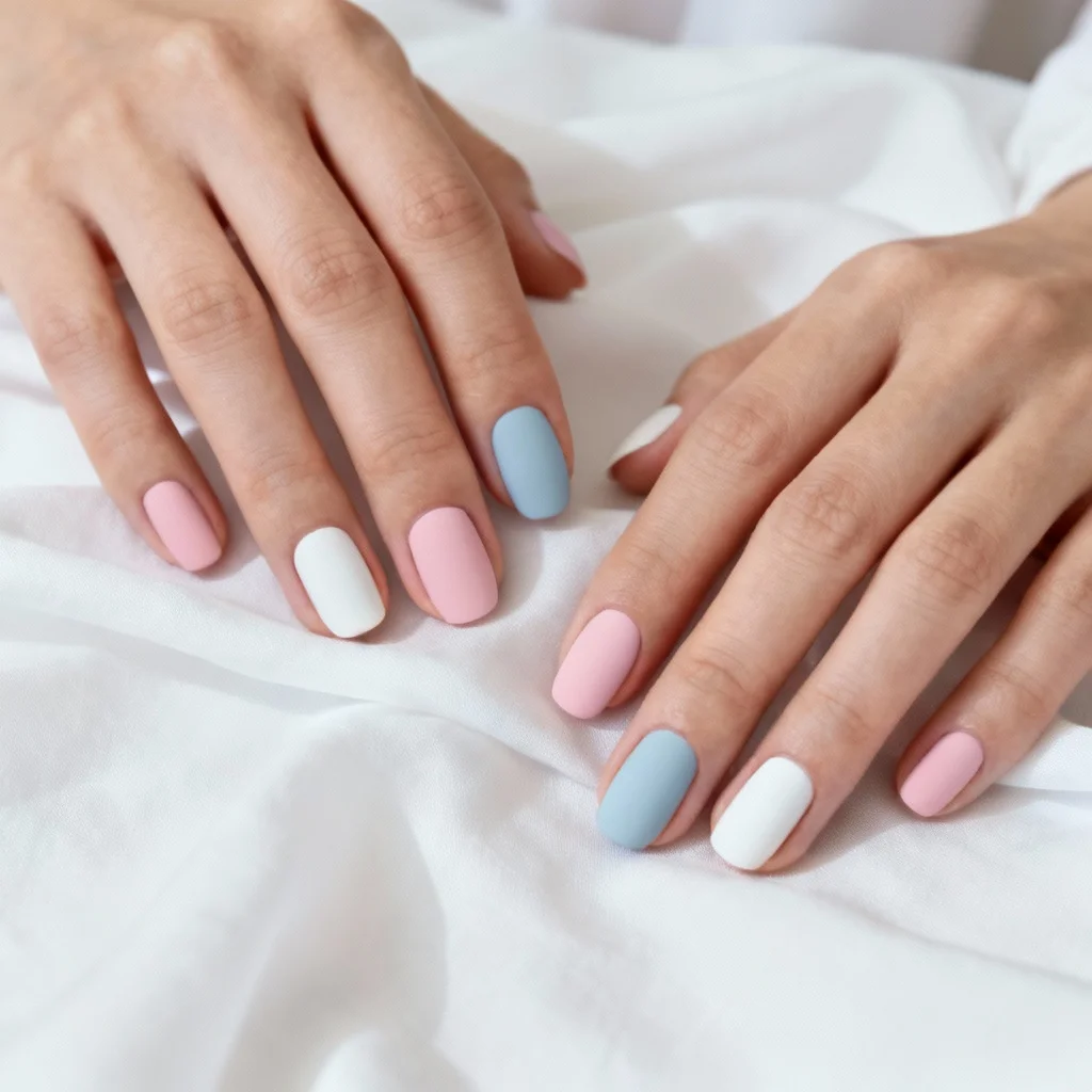 Minimalist pastel pink and blue gender reveal nails with matte finish