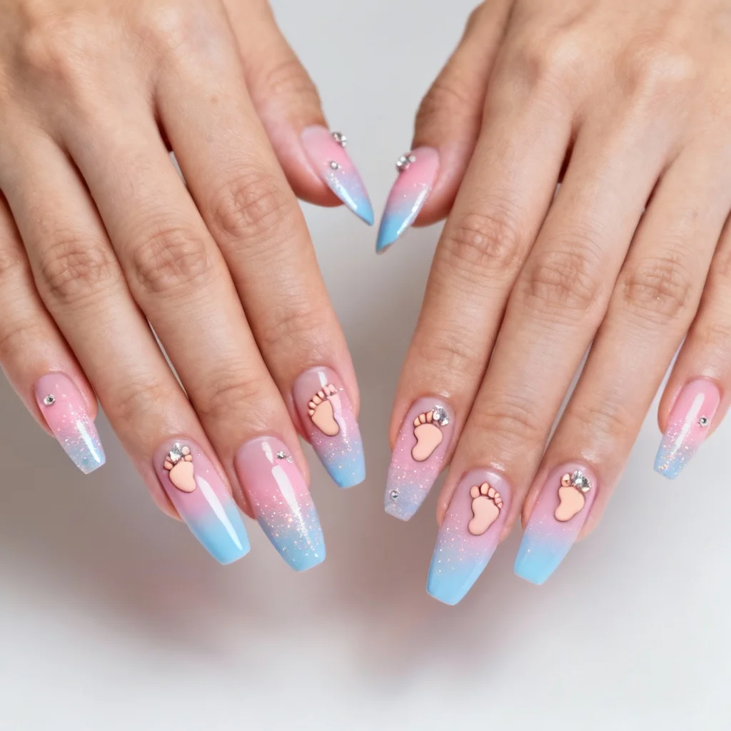 Mixed media gender reveal nails combining multiple techniques and embellishments