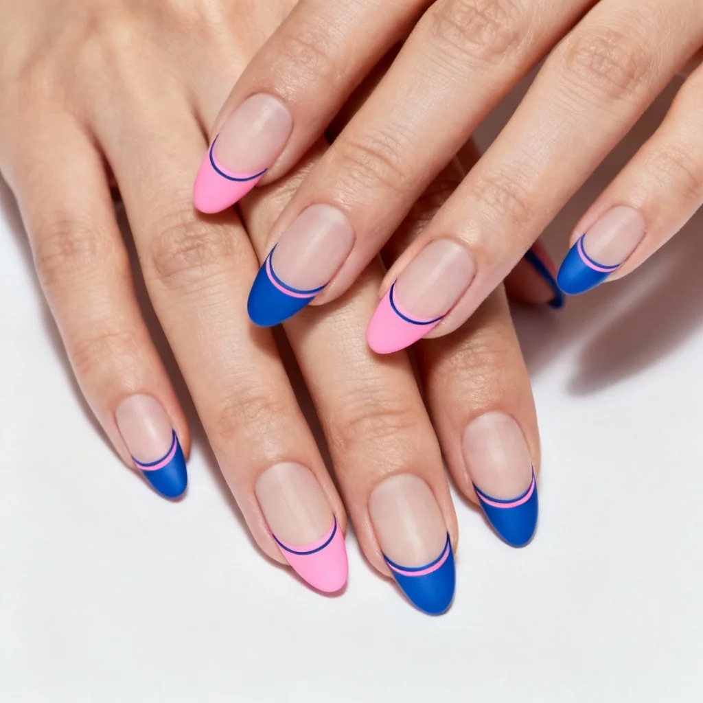Negative space gender reveal nails showing natural nail with pink and blue accents