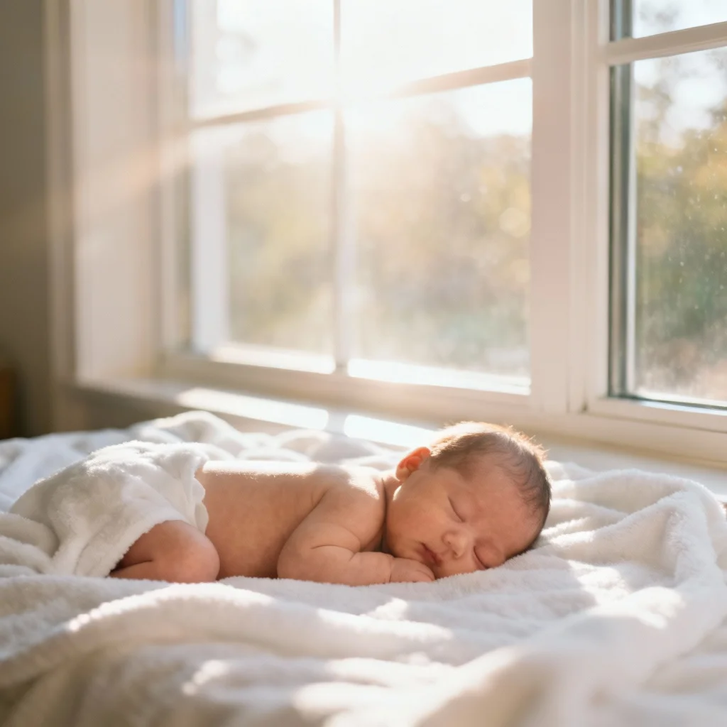 Newborn baby positioned near window for natural light photography at home