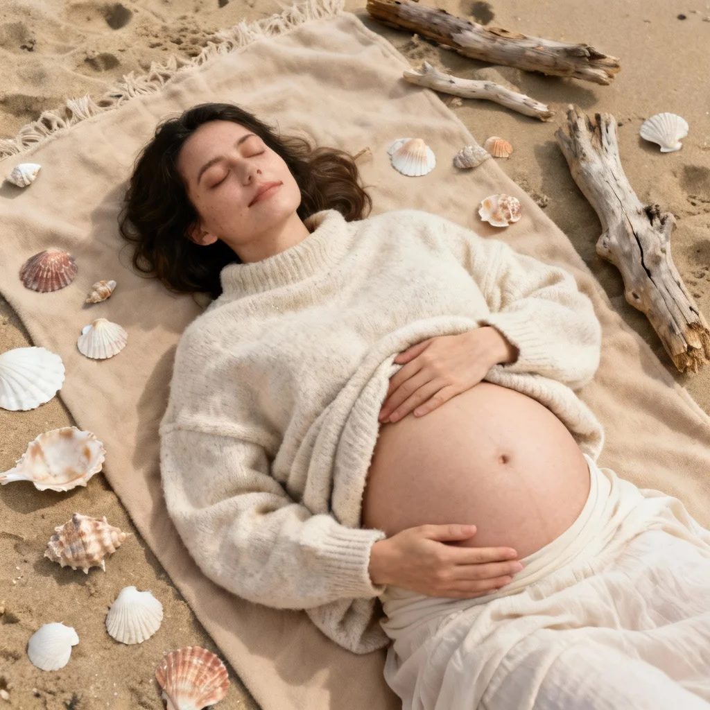 Overhead maternity photo of pregnant woman on beach blanket showing baby bump