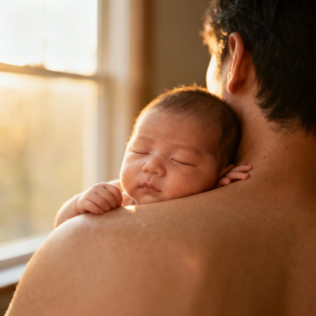 Parent holding newborn over shoulder showing safe and sweet photography angle