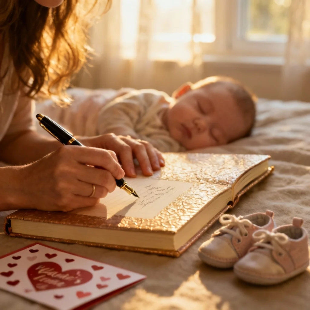 Parent writing love letter to baby for Valentine's Day time capsule