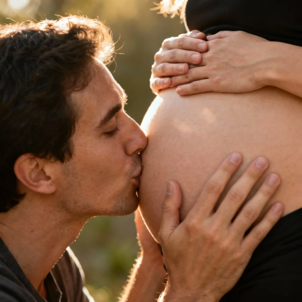 Partner kissing pregnant belly in intimate maternity photo
