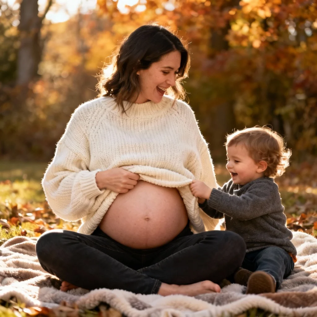 Peek-a-boo maternity photo with pregnant mom in oversized sweater showing baby bump