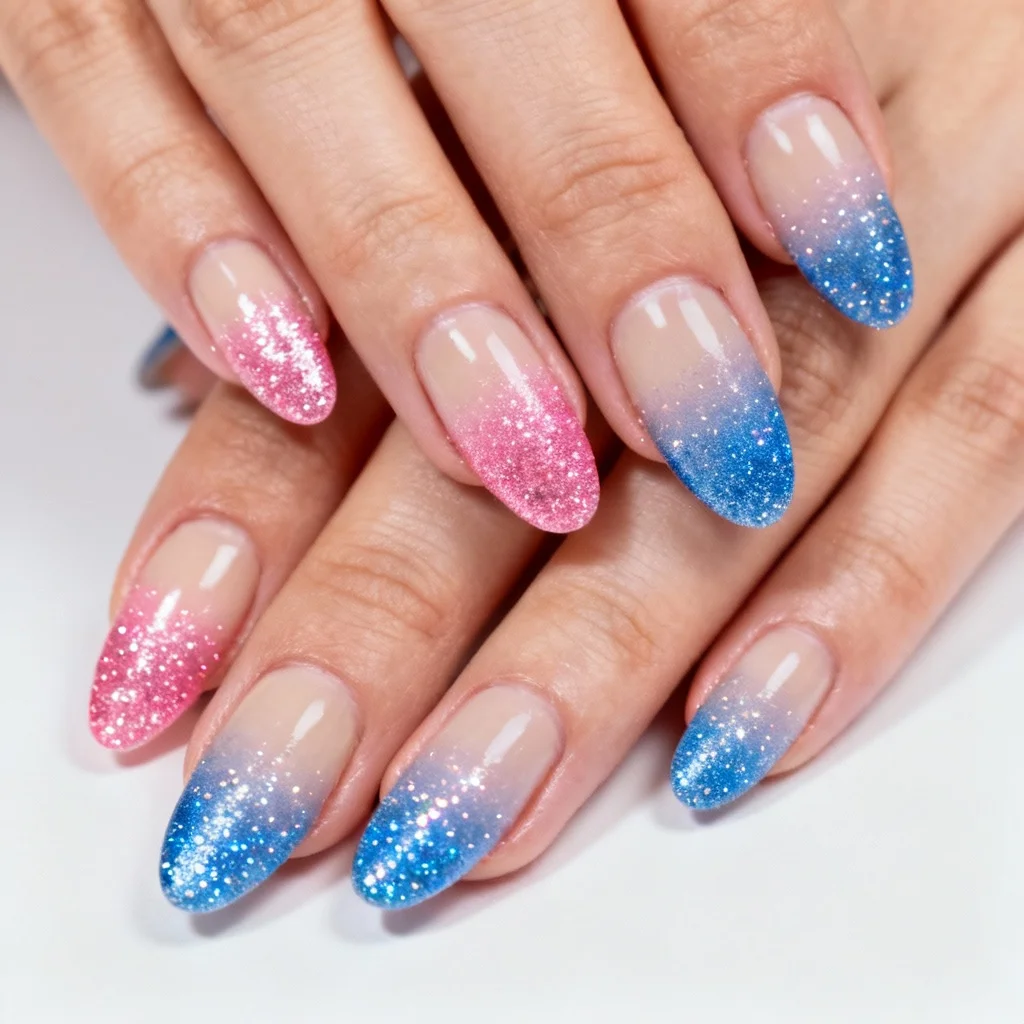 Pink and blue glitter gradient gender reveal nails with sparkle fade effect