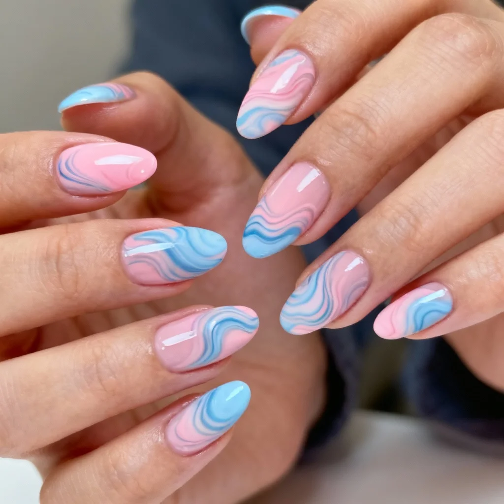 Pink and blue swirl pattern gender reveal nails with marble effect