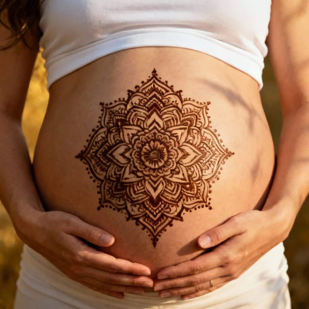 Pregnant belly decorated with henna art for maternity photoshoot