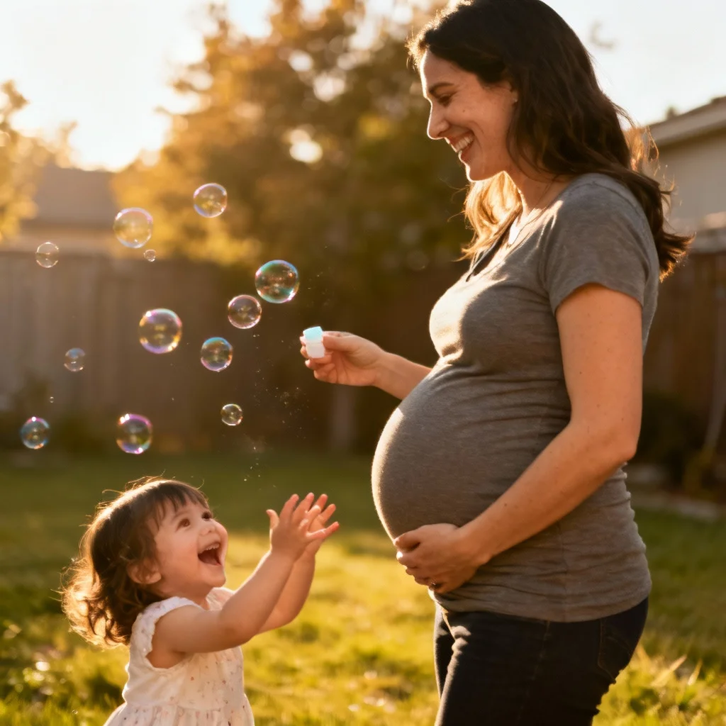 Pregnant mom playing with toddler during casual family maternity shoot